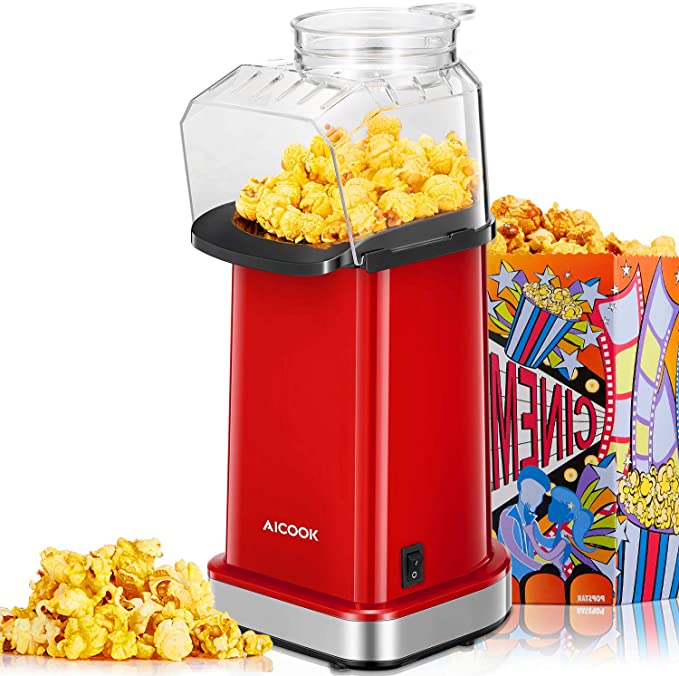 Hot Air Popcorn Popper, 16 Cups, AICOOK 1400W Home Popcorn Maker with Measuring Cup & Removable Lid, 3 Minutes Fast, Healthy Oil-Free & BPA-Free, For Christmas, Movie Night or Party, Red