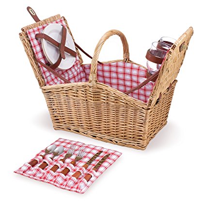 Picnic Time Willow Piccadilly Picnic Basket with Service for Two, Red/White Plaid