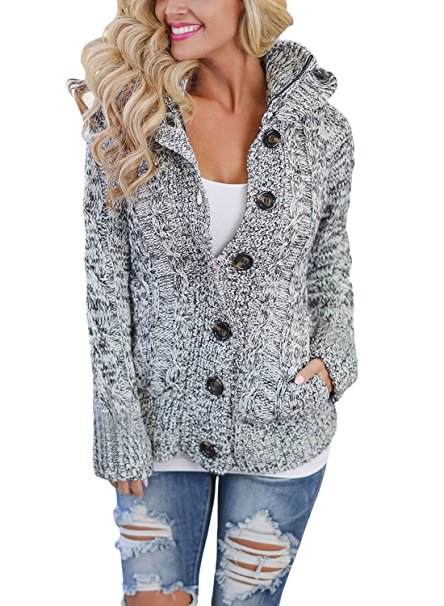 Annflat Women's Hooded Cable Knit Button Down Cardigan Sweaters Fleece Jackets(7 Color,XS-XXL)