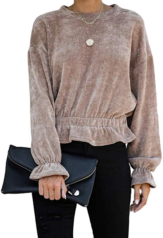 Qearal Women's Round Neck Pullover Keyhole Back Tops Long Sleeve Ruffle Loose Corduroy Shirts