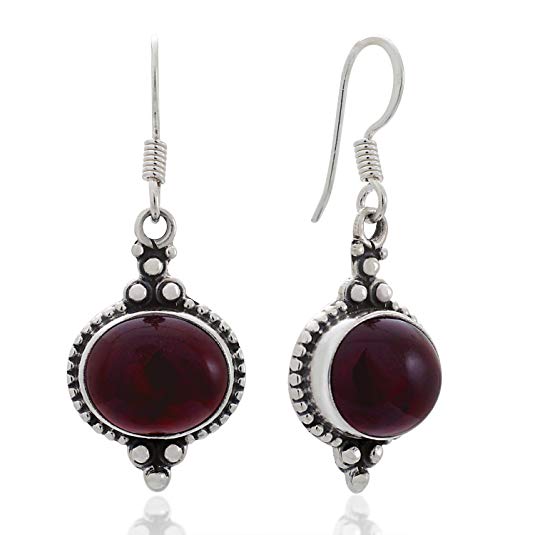 925 Sterling Silver Natural Gemstone Indian Inspired Vintage Oval Dangle Hook Earrings 1.5"