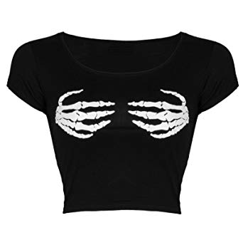 Thever Women Ladies Halloween Short Cap Sleeve Skeleton Hand Print Crop Top