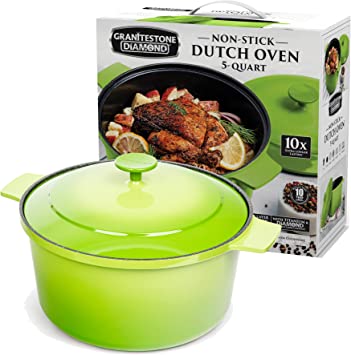 Granitestone Dutch Oven, 5 Quart Ultra Nonstick Enameled Lightweight Aluminum Dutch Oven Pot with Lid, Round 5 Qt. Stock Pot, Dishwasher & Oven Safe, Induction Capable, Healthy 100% PFOA Free, Green