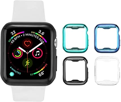 Tranesca 4 Pack Apple Watch Case 40mm with Built-in HD Clear Ultra-Thin TPU Screen Protector Cover Compatible with Apple Watch Series 4/5/ 6 and Apple Watch SE - Clear Dark Blue Green Black