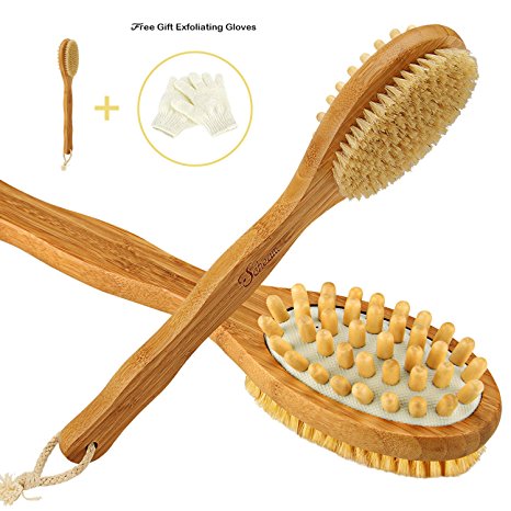 12 DAYS OF DEALS Scheam Bamboo Bath Brush for Back Scrubber Natual Bristles Shower Brush with Long Handle, Wet/Dry Use, Best Christmas Gift for Men and Women with Free Scrubbing Exfoliating Gloves