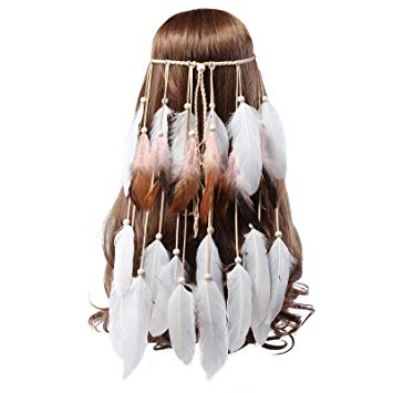 AWAYTR Feather Headband Indian Headpiece - Bohemian Tassels Hair Band Headwear For Women Girls