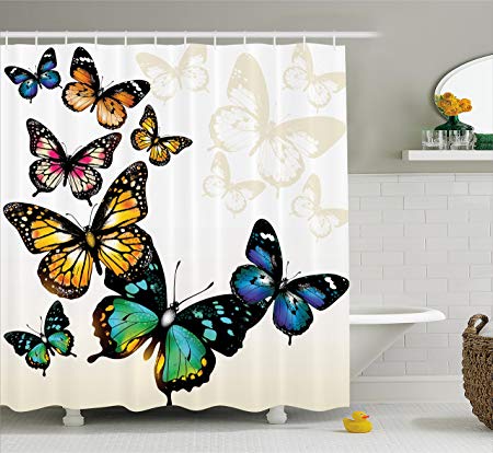 Ambesonne Butterfly Decor Shower Curtain, Monarch Butterflies Shades and Shadows Ombre Background, Polyester Fabric Bathroom Set with Hooks, 69W X 70L Inches, Blue Pink Green and Yellow