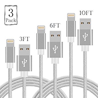 Lightning Cable [3-Pack],Auideas iPhone Charger [3FT 6FT 10FT] to USB Syncing and Charging Cable Data Nylon Braided Cord Charger for iPhone 8/8 Plus7/7 Plus/6/6 Plus/6s/6s Plus/5/5s/5c/SE (Silver).