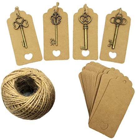 Mmei Set of 40 Vintage Bronze Skeleton Key Charm with Kraft Paper Gift Tags and 30 Yards Natural Jute Twine for Wedding Decoration Favor DIY Crafts (Mix - Bronze)