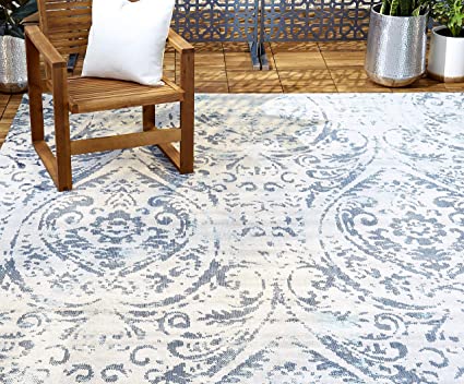 Home Dynamix Nicole Miller Patio Sofia Juniper Indoor/Outdoor Area Rug 5'3"x7'2", Distressed Damask Ivory/Blue