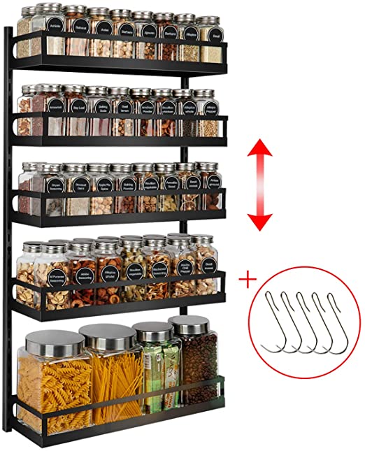 X-cosrack Wall Mount Spice Rack Organizer 5 Tier Height-Adjustble Hanging Spice Shelf Storage for Kitchen Pantry Cabinet Door, Dual-Use Seasoning Holder Rack with Hooks, Black
