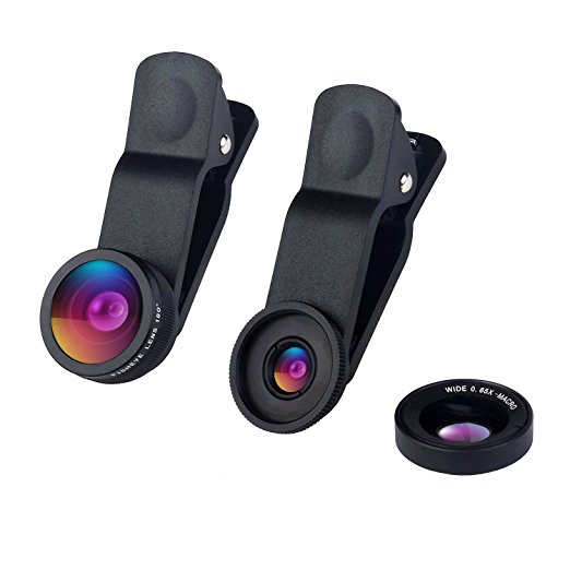 CREATIVE DESIGN 3 in 1 Cell Phone Camera Clip on Lens, 0.65 X Wide Angle   10X Macro Lens   180°Fisheye Lens, Camera Lens Kit for Most Smartphones