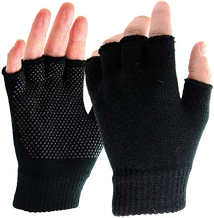 Gripper Black Mens Boys Girls Women Warm Half Finger Fingerless Gloves