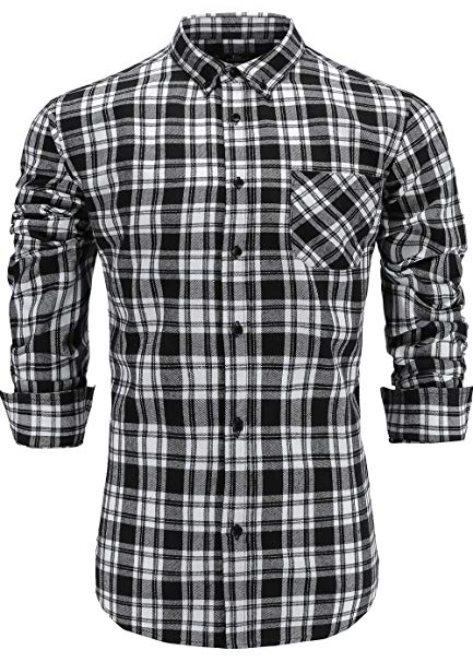Emiqude Men's 100% Cotton Slim Fit Long Sleeve Button Down Flannel Cross Plaid Dress Shirt