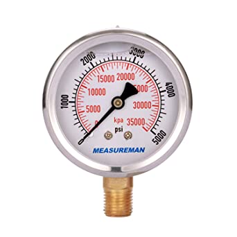 Measureman 2-1/2" Dial Size, Liquid Filled Hydraulic Pressure Gauge, 0-5000psi/kpa, 304 Stainless Steel Case, 1/4"NPT Lower Mount