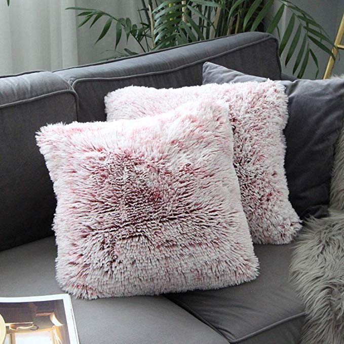 Uhomy 2 Packs Home Decorative Luxury Series Super Soft Plush Faux Fur Throw Pillow Cover Cushion Case for Sofa/Bed 18x18 Inch 45x45 cm Burgundy Red Ombre