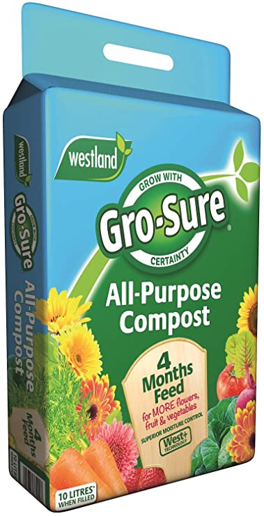 Gro-sure All Purpose Compost with 4 Months Plant Feed, 10 Litre - Dark