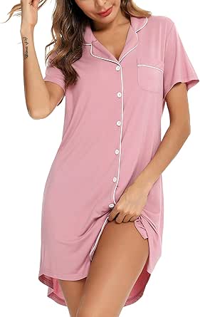 Samring Pajama Nightgown for Women Short/Long Sleeve Button Down Nightwear Top Boyfriend Sleep Shirts Nightdress S-XXL