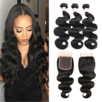 Ms Taj 7A Peruvian Body Wave with Closure, 4x4inch Free Part Lace Closure with 3 Bundles Body Wave Hair Unprocessed Virgin Human Hair Extensions Natural Black (14 16 18 12)