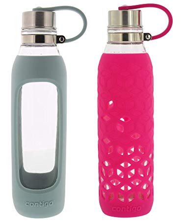 Contigo Purity Glass Water Bottle - Protective Silicone Sleeve and Tethered Lid Included - Tasteless and Odorless Drinking - 100% BPA-Free - 20-Ounce, 2 Pack, Sea Glass and Very Berry