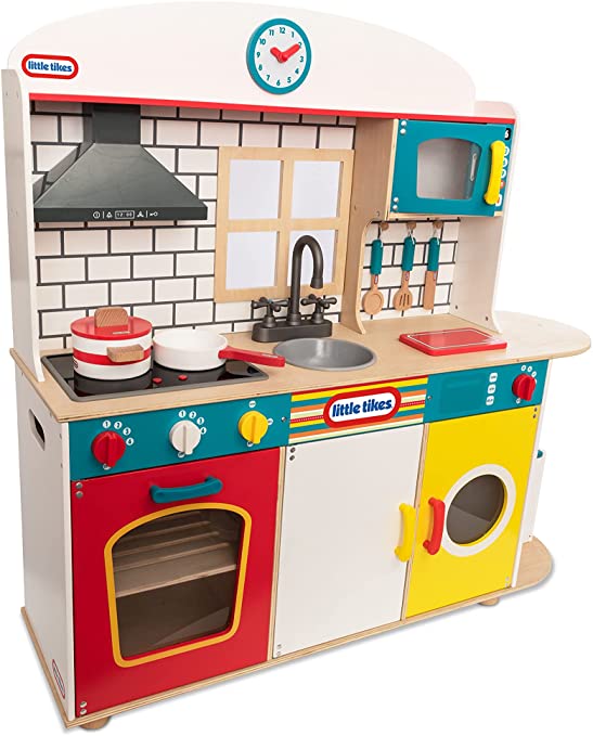 little tikes 123A DELUXE WOODEN KITCHEN IMAGINATIVE ROLE PLAY FOR CHILDREN Includes Double HOB, Extractor, Microwave, Sink, BIN, Washing Machine and Many More, Multi