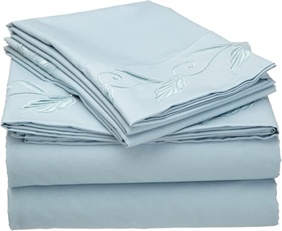 Cathay Home Fashions Luxury Silky Soft Leaf Design Embroidered Microfiber King Sheet 4-Piece Set, Light Blue
