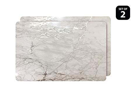 Dainty Home Foiled Marble Granite Thick Cork Heat Resistant Dining Table Placemats Set of 2, 12" x 18" Rectangle, Silver