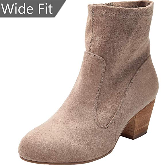 Women's Wide Width Ankle Boots, Chunky Mid Heel Slip On Side Zipper Cozy Comfortable Work Booties.