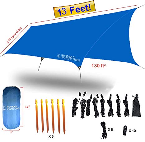 Rain Fly For Hammock –13 Feet Long- Lightweight Ripstop Nylon- 2000 PU Waterproof Eno Rain Cover– Rainfly Tent Tarp–Camping, Hiking, Backpacking. Includes 8 Guy Lines, 10 Tensioners, 6 Aluminum Stakes