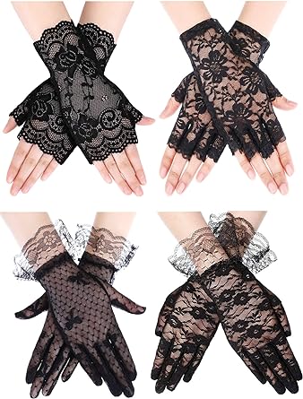 Skylety Women's Lace Gloves Short Fingerless Floral Gloves Sun Protection Gloves for Wedding Halloween Cosplay Party