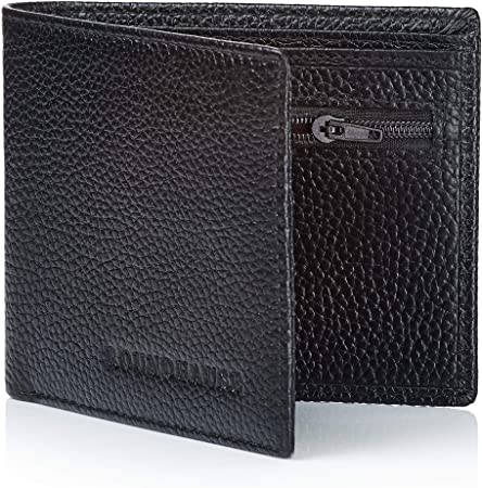 Roundhause Real Leather Mens RFID Blocking Wallet Credit Card Holder W/Coin Pocket Gift Box for Gents. (Black)