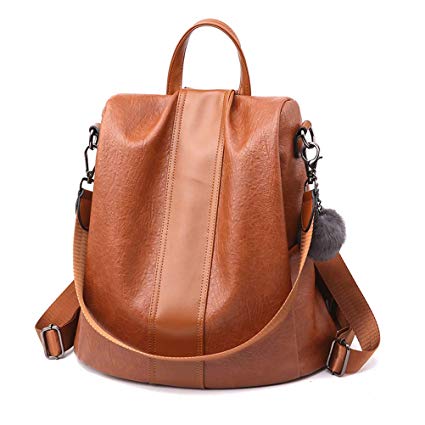HaloVa Women's Backpack, Travel Daypack, Anti-Theft Shoulder Bag, Trendy PU Leather Crossbody Bag, Fur Ball Charm Decoration and Detachable Long Shoulder Strap, Brown