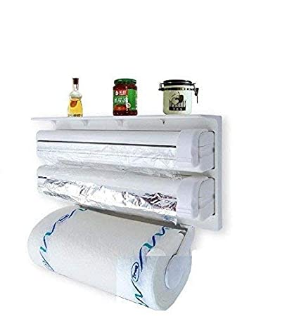 Piesome Triple Paper Dispenser | 4 in 1 Foil Cling Film Tissue Paper Roll Holder for Kitchen with Spice Rack -White | Kitchen Triple Paper Roll Dispenser & Holder for Tissue Paper Roll(White)