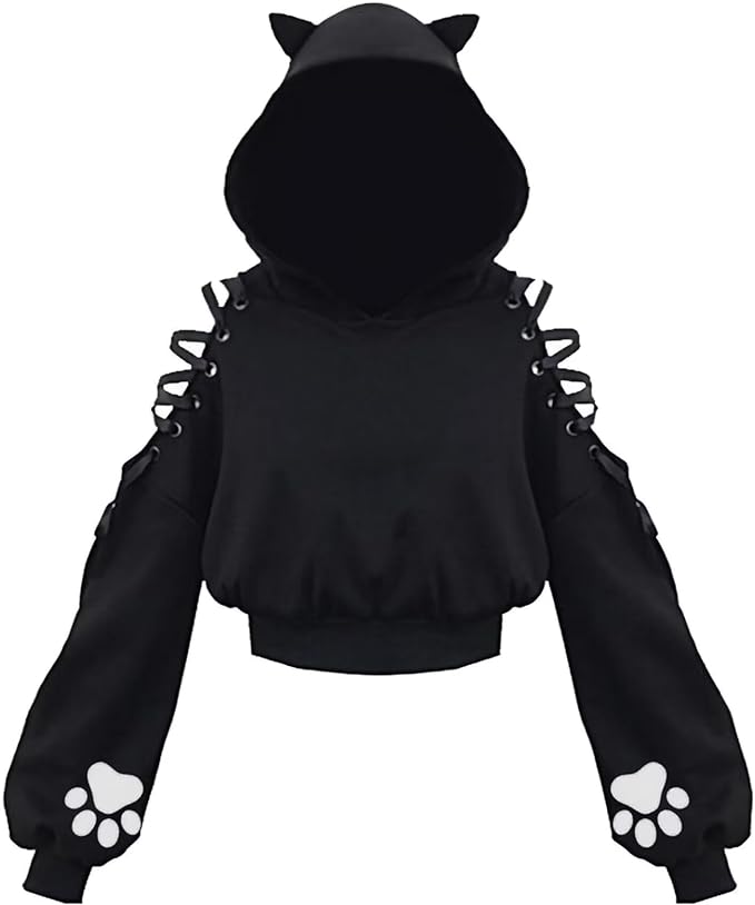 Womens Cat Ear Hoodie Sweatshirt Long Sleeve Sweater Off Shoulder Cat Cute Crop Top Hoodies Pullover