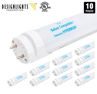 T8 T10 T12 LED Light Tube 4FT, Hyperikon®, Dual-End Powered, Works with and without T8 ballast, 18W (40W equivalent), 5000K (Crystal White Glow), Frosted Cover, UL-listed and DLC-qualified - 10-Pack
