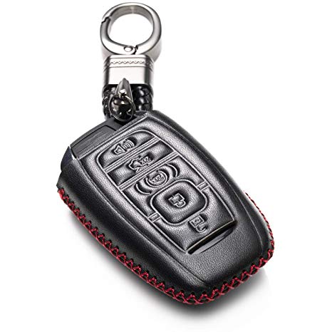 Vitodeco Genuine Leather Keyless Smart Key Fob Case Cover Protector with Leather Key Chain for 2017-2019 Lincoln Continental, MKC, MKZ, MKX, 2018-2019 Lincoln Navigator (5 Buttons, Black/Red)