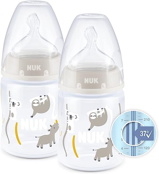 NUK First Choice  Baby Bottles Set | 0-6 Months | Temperature Control | Anti Colic Vent | 150 ml | BPA-Free | Silicone Teat | Safari (Beige) 2 Count