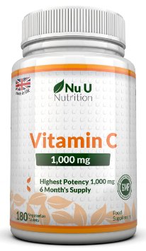 Vitamin C 1000mg by Nu U 180 Tablets 6 Months Supply - 100 MONEY BACK GUARANTEE - High Strength and Absorption Vitamin C Supplement - Manufactured in the UK