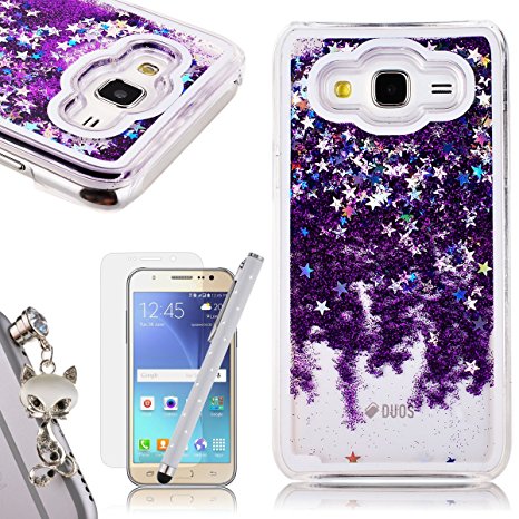 Galaxy J5 2015 Liquid Case,Samsung J5 2015 Glitter Bling Bling Cover,We Love Case Flowing Floating Water Liquid Swimming Plastic Case Clear Hard Shell 3D Creative Design Purple Star Pattern Luxury Sparkly Crystal Back Cover Protective Skin Cell Phone Cases For Samsung Galaxy J5 2015   1x Animal Dust Plug   1 x Touch Screen Stylus   1 x Free Screen Protector
