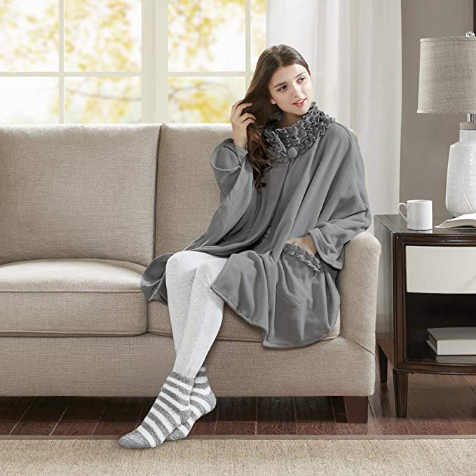 Comfort Spaces - Stylish Soft Microfleece Poncho Angel Wrap with Matched Sock Set - Travel Blanket - (One Size fits Most)- Gray