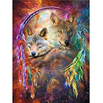 DIY Diamond Painting Kits for Adults, Dreamcatcher Wolves Full Drill Rhinestone Embroidery Cross Stitch Supply Arts Craft Canvas Wall Decor 11.8x15.8 inch