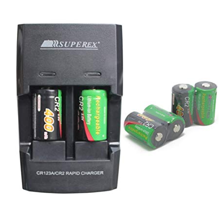 SUPEREX 6 PCS 3volt 400 mAh CR2 15270 Batteries   Car Charger Dual Rapid Rechargeable Battery Charger for 3V CR2 Lithium Batteries