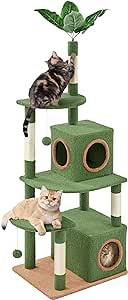 Yaheetech 59in Cat Tree for Indoor Cats with Green Leaves, Multi-Level Large Cat Tower with Spacious Platform, Cat Scratching Posts, Double-Level Cat Condo, Fluffy Balls for Cat Kitty