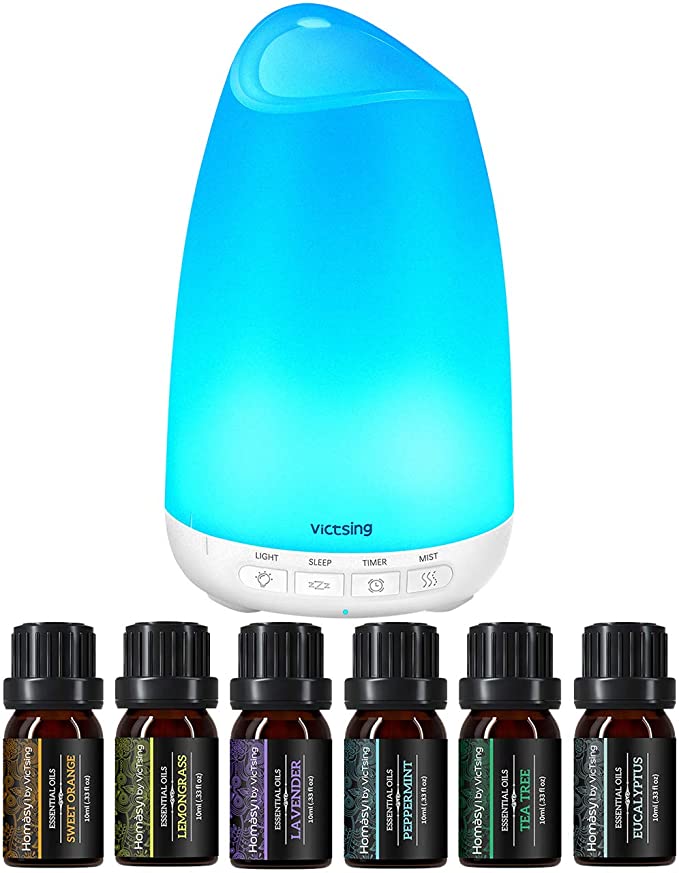 VicTsing 150ML Essential Oil Diffusers Set, Oil Diffuser with 6Pcs Essential Oils, Aromatherapy Diffuser Gift Set for Bedroom Home Baby(BPA-Free)