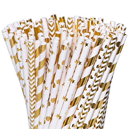 Besteek Biodegradable Paper Straws, 150 Pcs Striped Paper Drinking Party Fancy Straws Bulk for Party Supplies, Birthday, Wedding, Bridal/Baby Shower Decorations and Holiday Celebrations