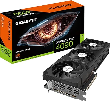 GIGABYTE GeForce RTX 4090 WINDFORCE V2 24GB Graphics Card - 24GB DDR6X, PCI-E 4.0, Core 2520Mhz, 3 fan Windforce cooling system, Anti-sag bracket, DP 1.4, HDMI 2.1a, NVIDIA DLSS 3, GV-N4090WF3V2-24GD