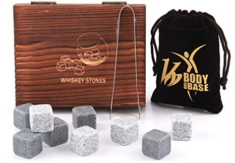 Whiskey Whisky Granite Sipping Stones Set of 9 in Authentic Oak Box with Tonge and Velvet Bag, Great for Christmas Birthdays Gifts