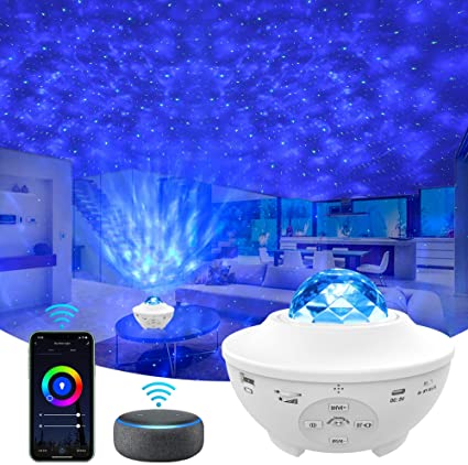 Star Projector, Smart Version 4 in 1 Ocean Wave Projector, Galaxy Projector with Bluetooth Music Speaker, Timer & Smart App, Remote and Voice Control, Star Sky Night Light for Kids Bedroom/Game Rooms/Home Theatre/Room Decor/Night Light Ambiance(White)
