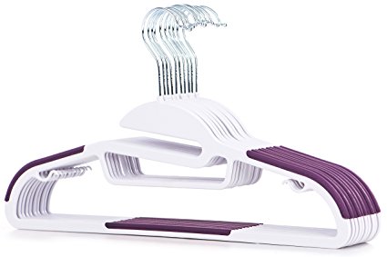 10 pc Premium Quality Easy-On Clothes Hangers - White with Purple Non-Slip Pads - Space Saving Thin Profile - For Shirts, Pants, Blouses, Scarves – Strong Enough for Coats