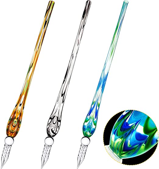 3 Pieces Handmade Glass Dip Pen, High Borosilicate Crystal Glass Pen Calligraphy Signature Pen for Writing Drawing Decoration, 3 Colors